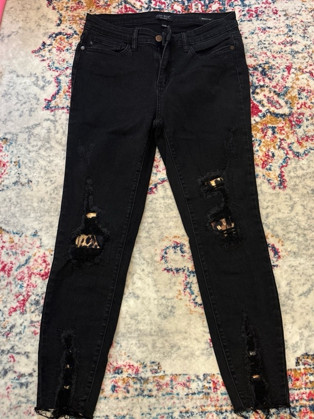 Black Distressed Women’s Jeans with Leopard Patch Detail